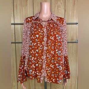 Easel Rust and White Floral Button-Up Blouse SZ - S